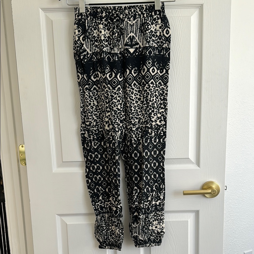 Navy White Geometric Leopard Track Pants Joggers Elastic Waistband and Pockets